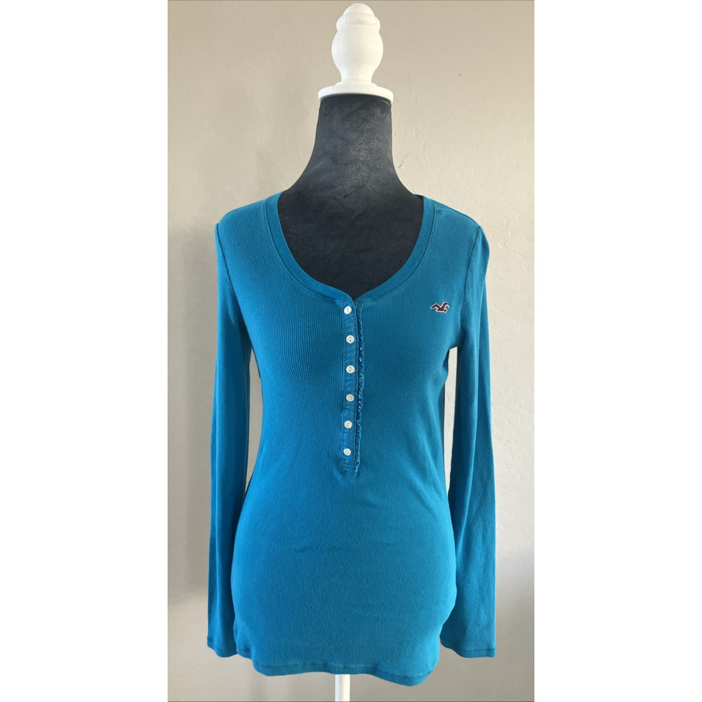 Vintage Y2K Hollister Top Blue Long Sleeve Shirt Ribbed Buttons Henley Large